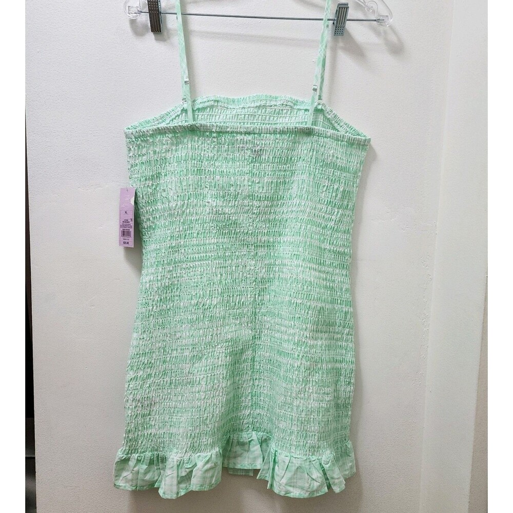Mint Green/White Gingham Smocked Straight Neck Strappy Ruffle Mini Sundress XL - Picture 2 of 4
